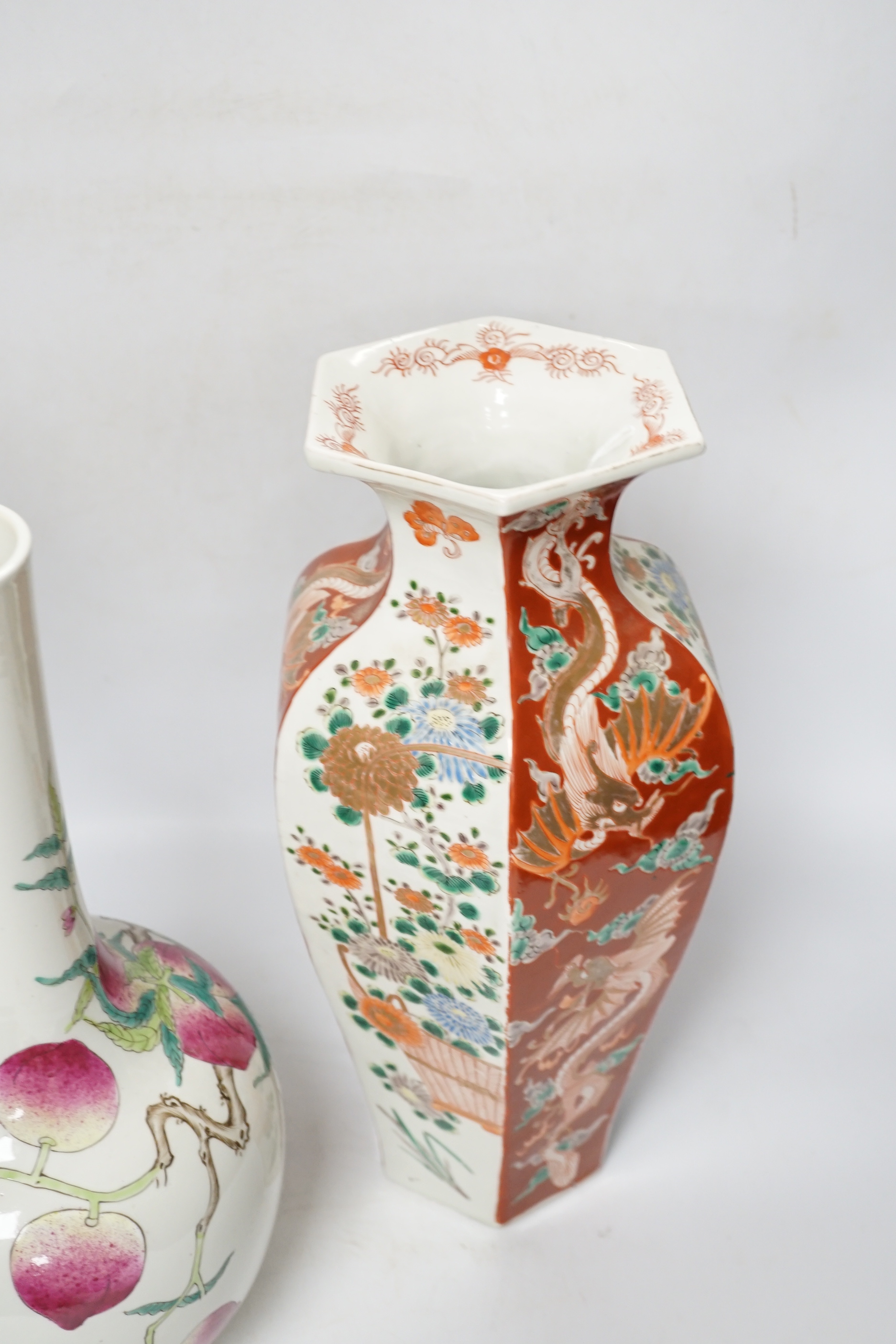 A Chinese peach-decorated vase and a Chinese hexagonal vase, latter 36cm